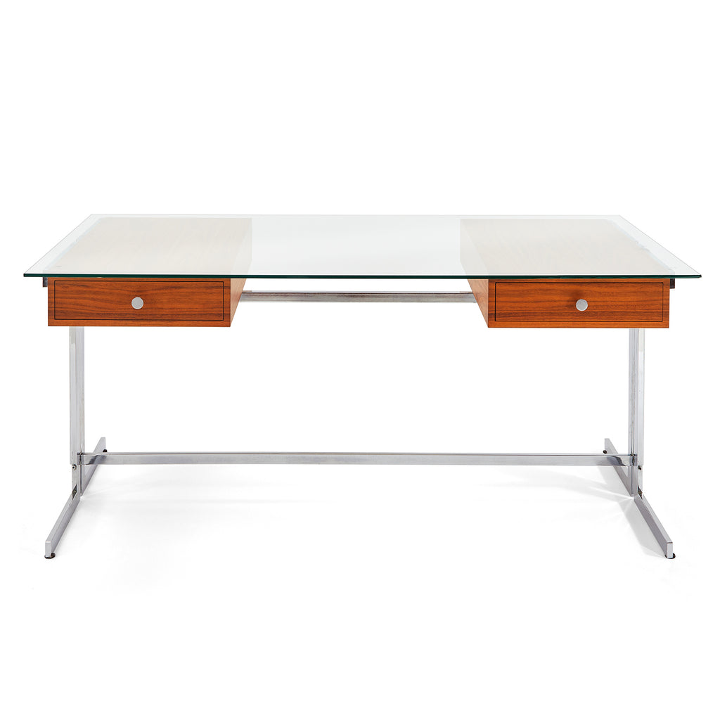 Metal Desk with Glass Top and Dark Wood Drawers