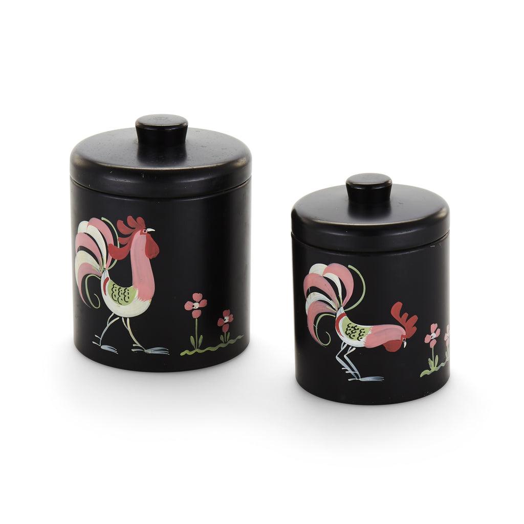 Black Tin Jar with Painted Rooster