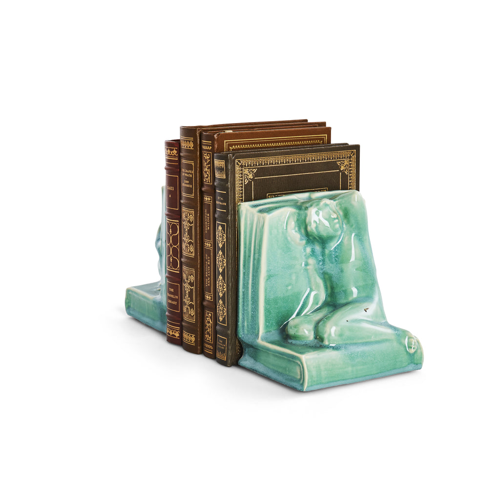 Green Ceramic Bookends with Human Figure