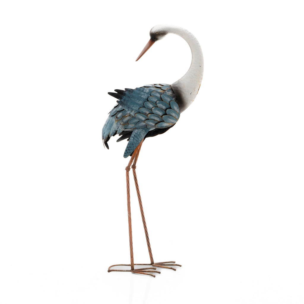 Blue & White Metal Crane Bird Sculpture