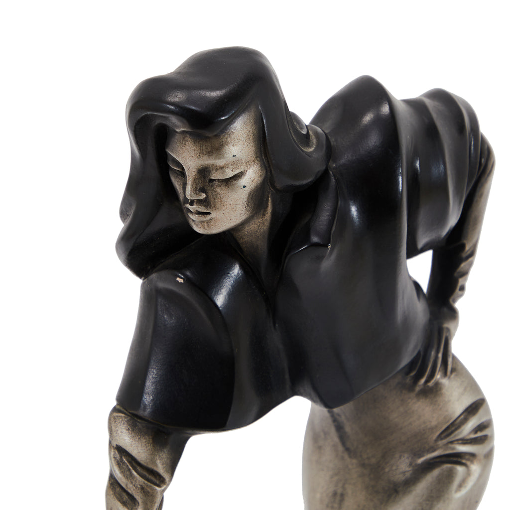 Black & Silver Woman Petting Dog Table Sculpture