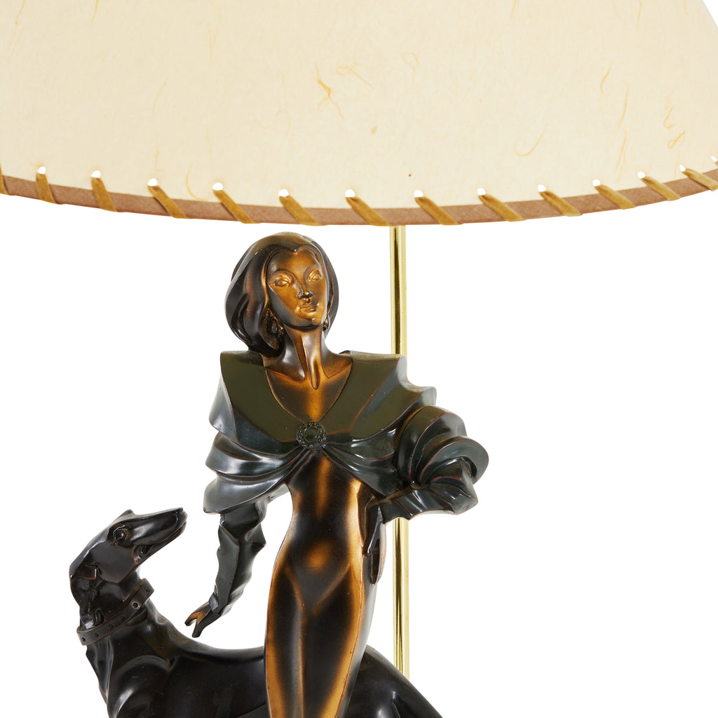 Black & Bronze Female Figure & Dog Statue Table Lamp