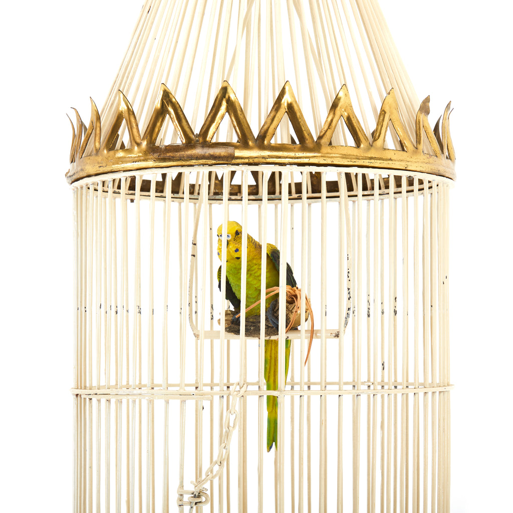 Brass And White Wire Birdcage With Bird