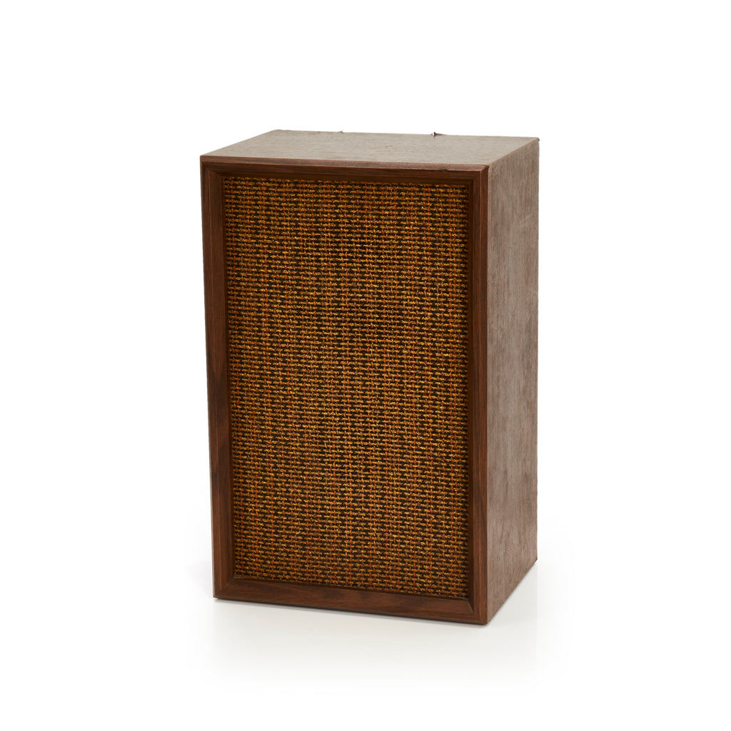Brown Wooden Stereo Speakers with Woven Fabric Speaker Cover