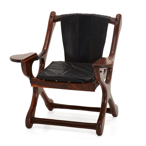 Antique Darkwood Chair With Black Leather Cushion
