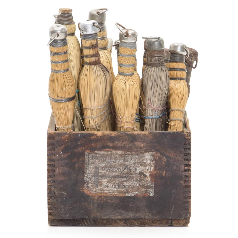 Wooden Box with Collection of Broom Heads