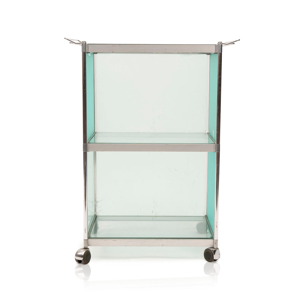 Frosted Pale Green Glass + Metal Rolling Cart