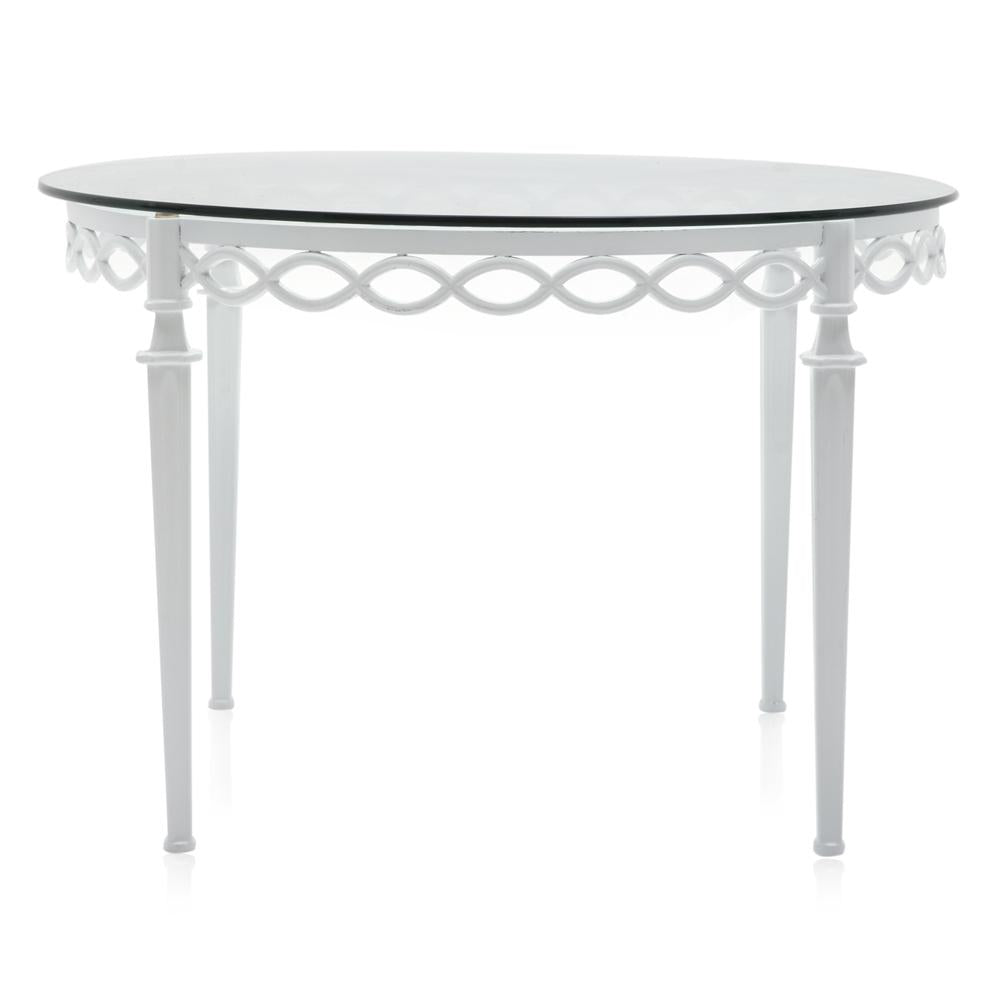 White & Glass Scroll Patio Table