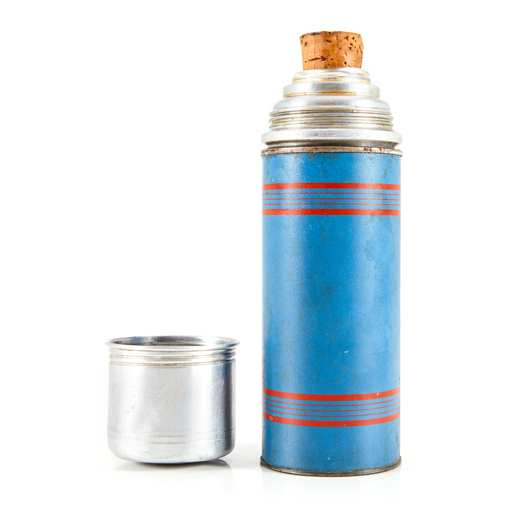 Blue & Red Stripe Vintage Thermos with Chrome Lid
