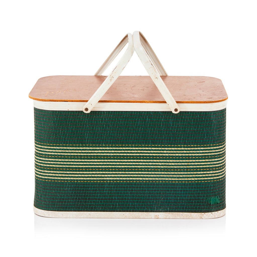Vintage Green and Yellow Striped Picnic Basket