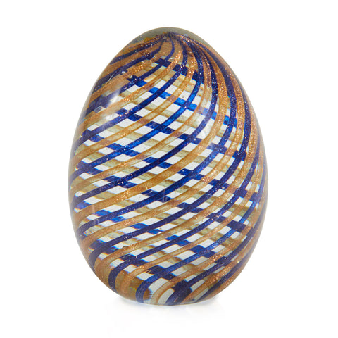 Blue & Gold Striped Glass Egg Paperweight