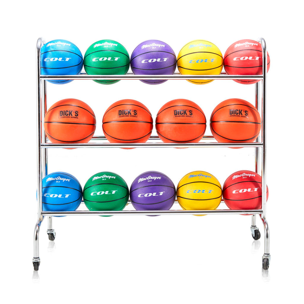 Multicolor Basketballs on Metal Rolling Rack