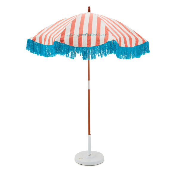blue fringe patio umbrella Faded Red and White Stripe Patio Umbrella w Blue Fringe