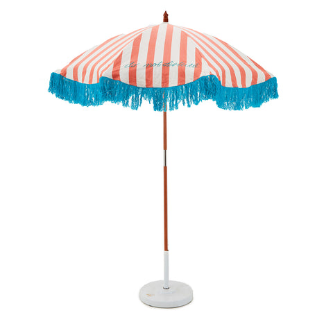 Faded Red and White Stripe Patio Umbrella w Blue Fringe