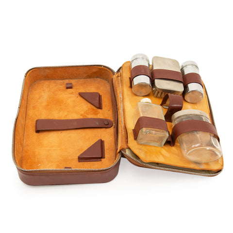 Vintage Brown Leather Zippered Travel Toiletry Case Grooming Kit