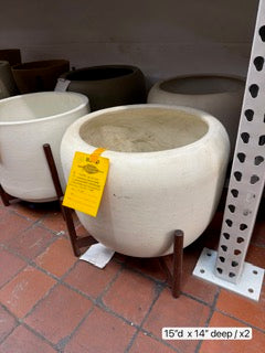 Case Study Large Bowl White Ceramic Planter with Wood Base
