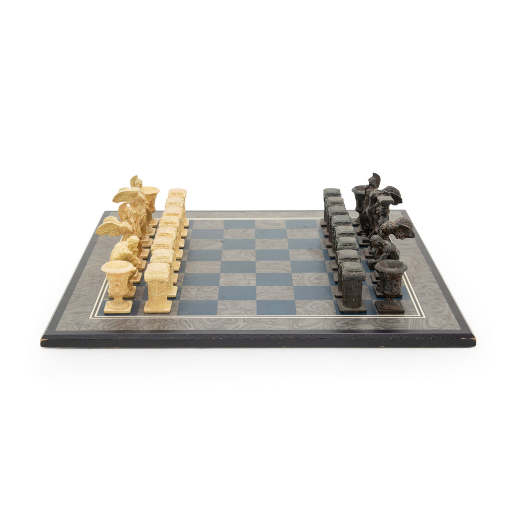 Classical Greek Themed Resin Chess Set with Blue and Gray Board