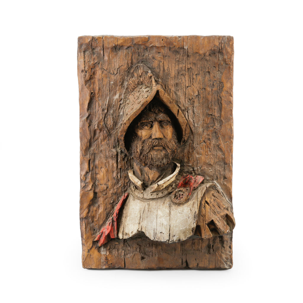 Rustic Carved & Painted Wood Bust Wall Hanging of a Conquistador