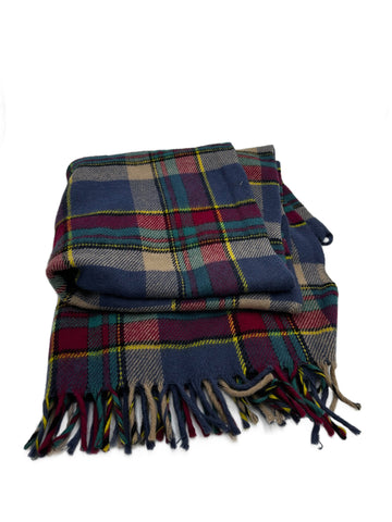 Navy Blue Multi-Color Tartan Plaid Wool Scarf with Fringe