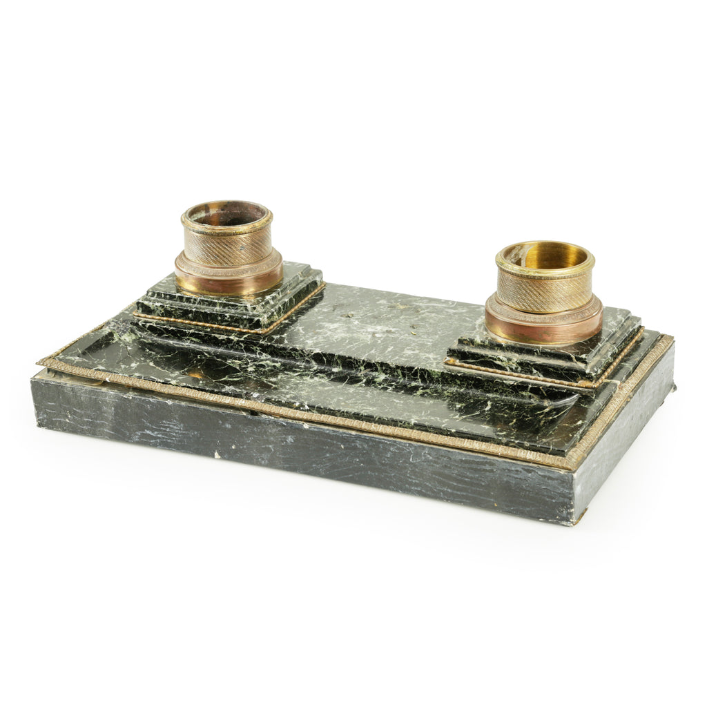 Dark Green Marble and Brass Double Inkwell Stand
