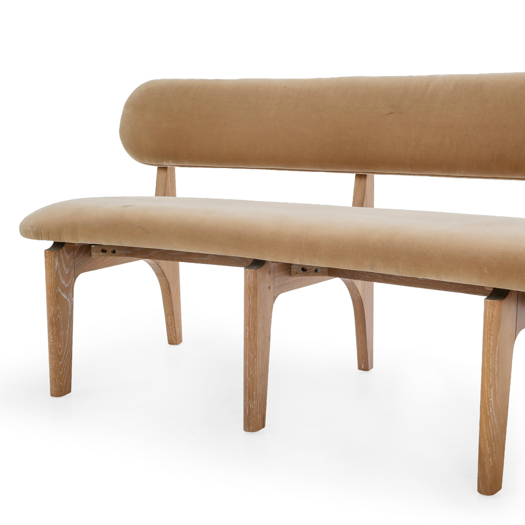 Tan Upholstered Curved Wood Dining Bench