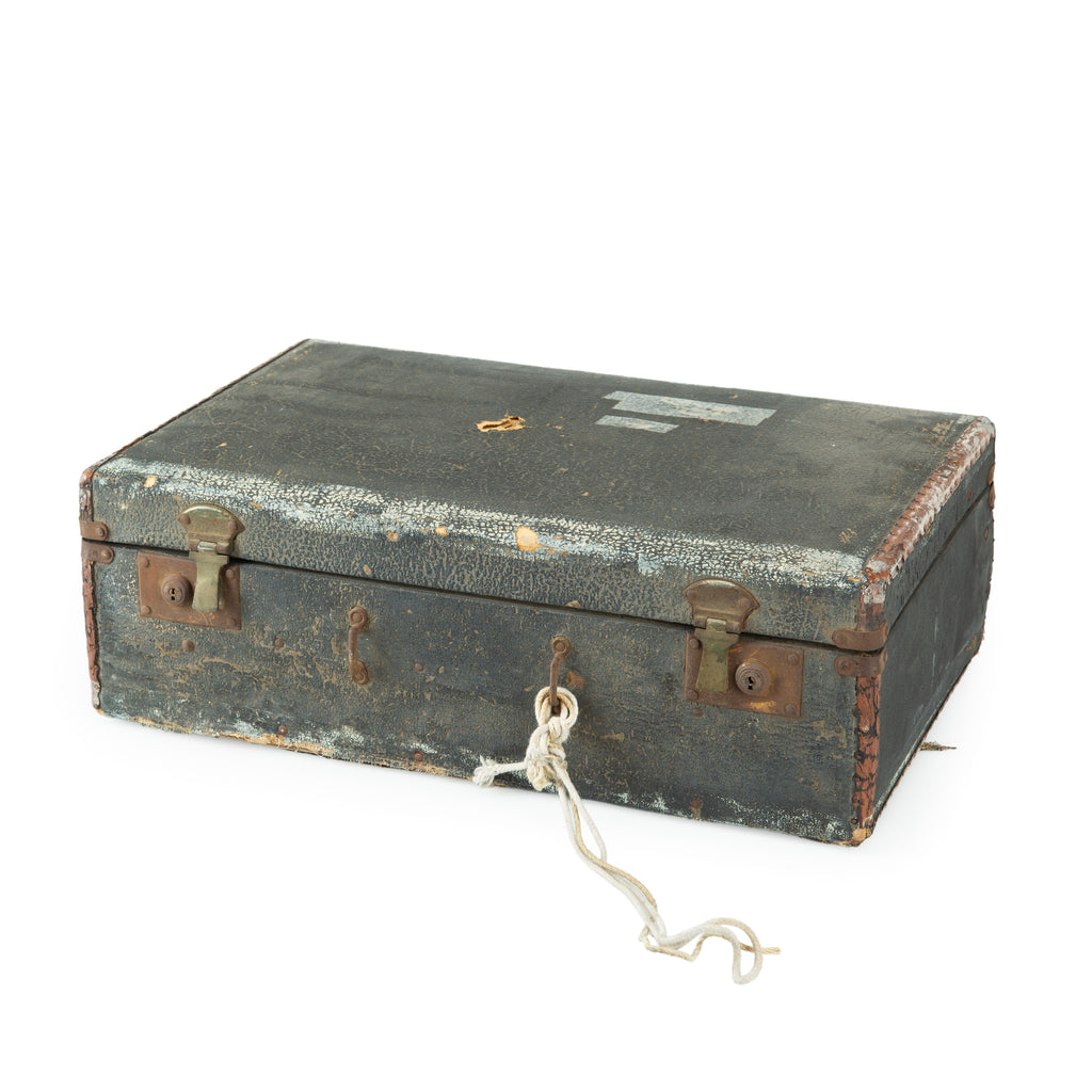 Vintage Distressed Black Faux Leather Picnic Basket with Red Interior and Full Picnic Set