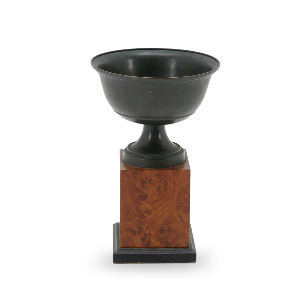Dark Metal Urn on Wood Pedestal
