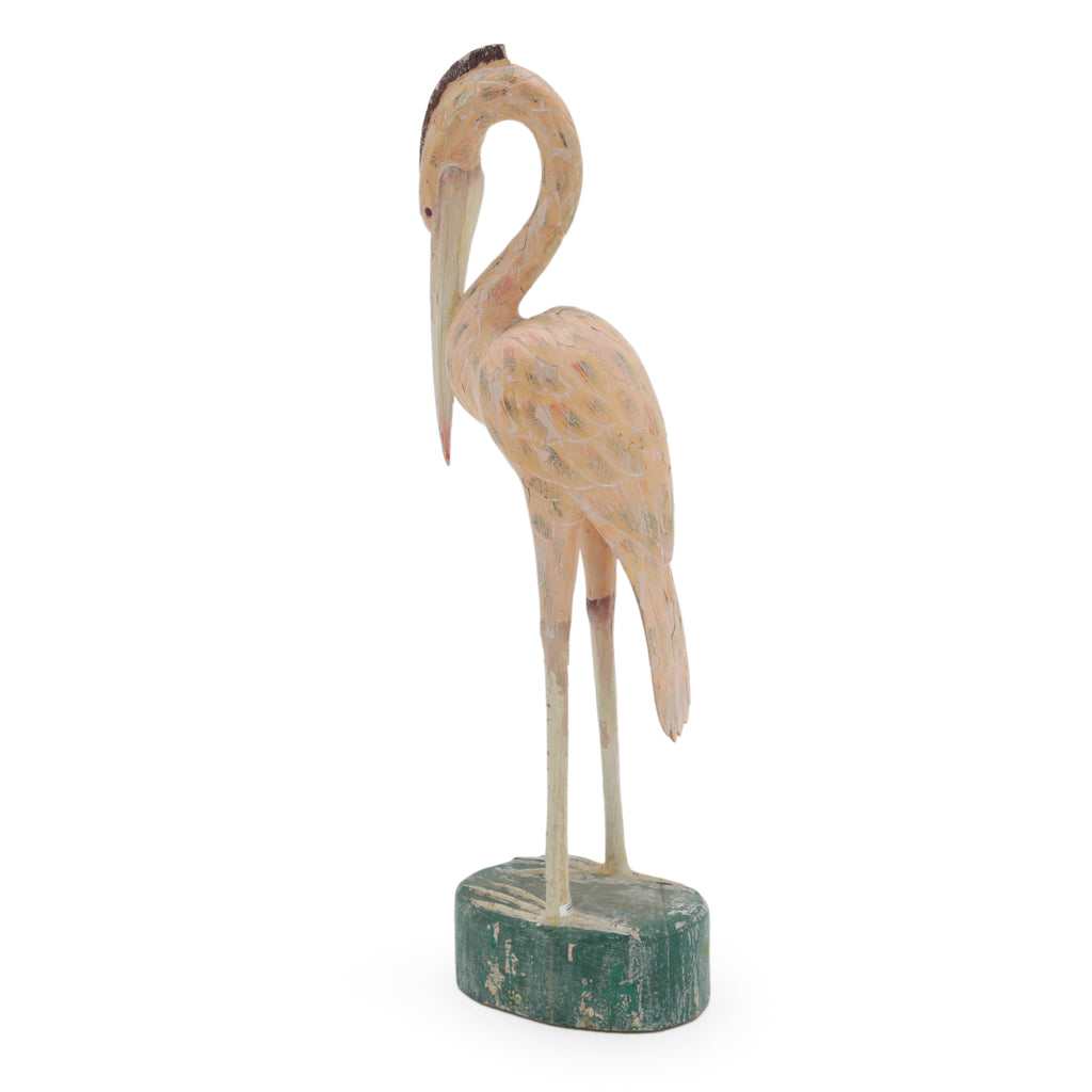 Pale Pink and Teal Wood Carved Heron