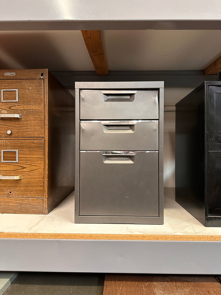 Compact Charcoal Metal 3-Drawer Filing Cabinet with Recessed Handles
