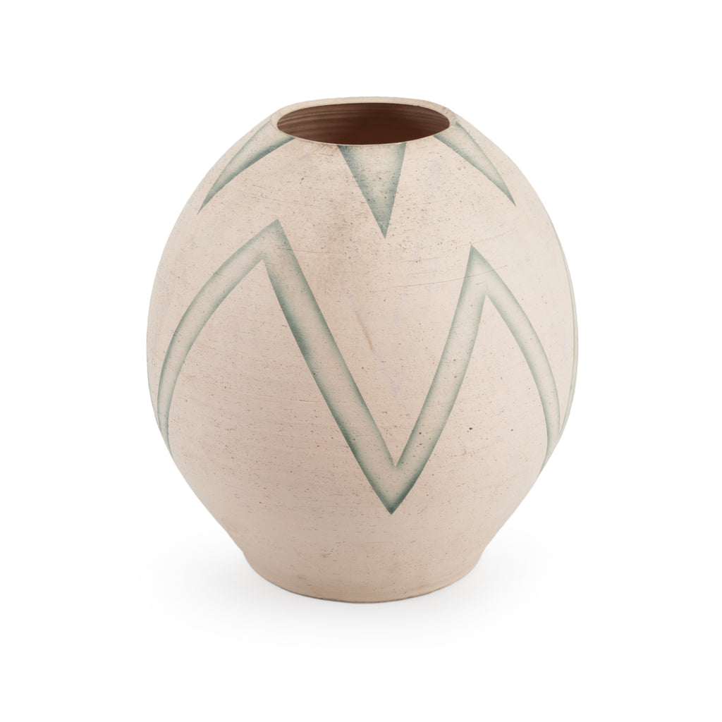 Beige Terracotta Vase with Teal Geometric Pattern