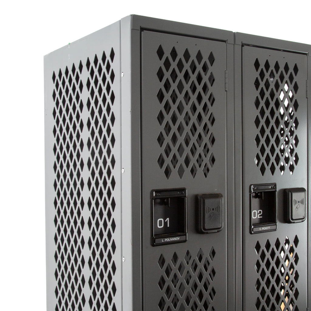 Dark Gray Perforated Metal Six-Door Double-Stack Industrial Lockers