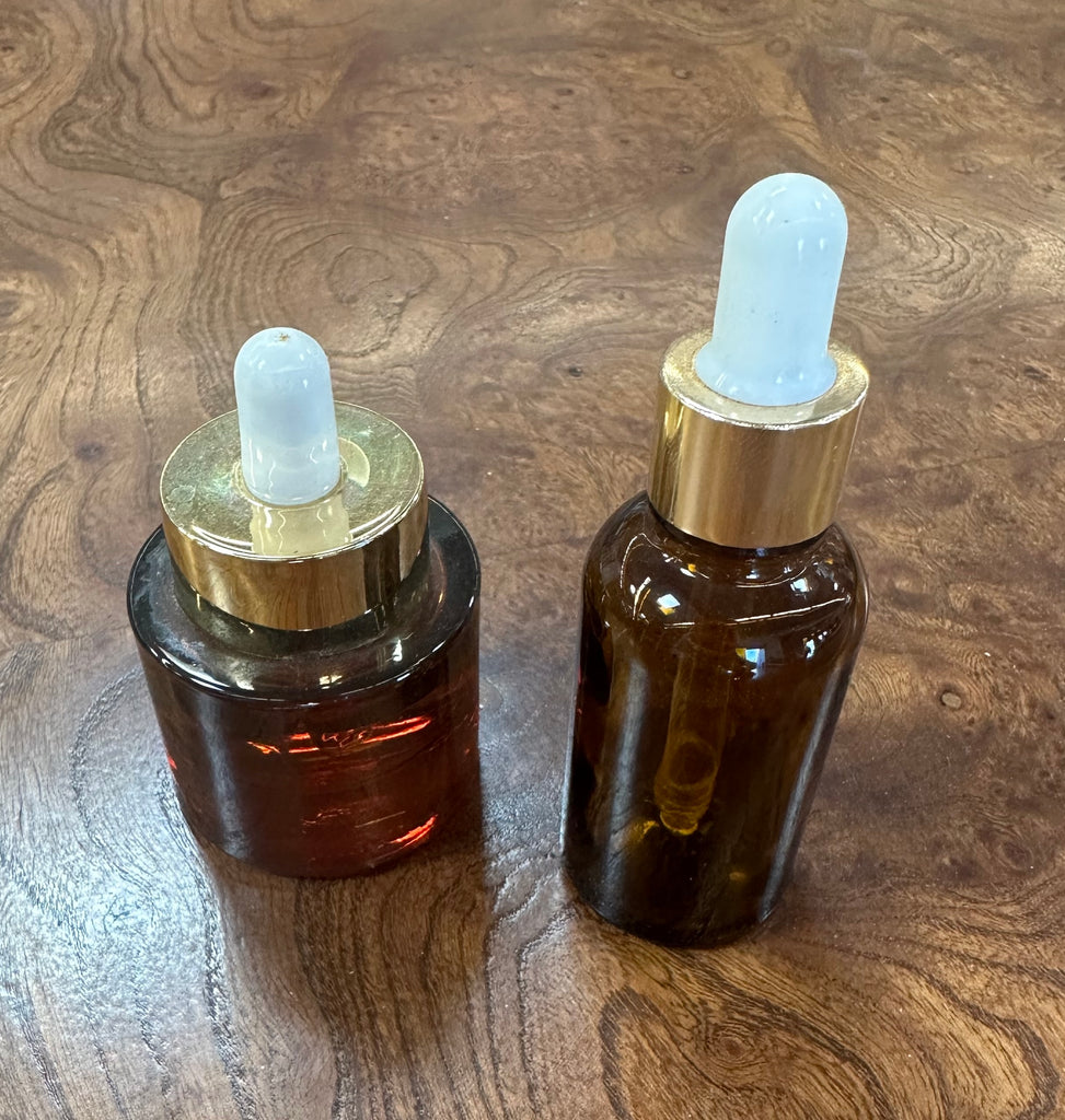 Pair of Amber Glass Dropper Bottles with Gold Caps