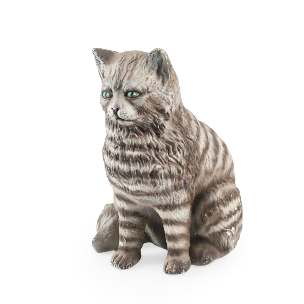 Gray Striped Cat Figurine with Green Eyes