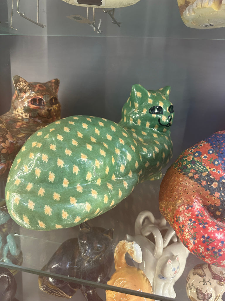 Whimsical Green Ceramic Polka-Dot Cat Figurine