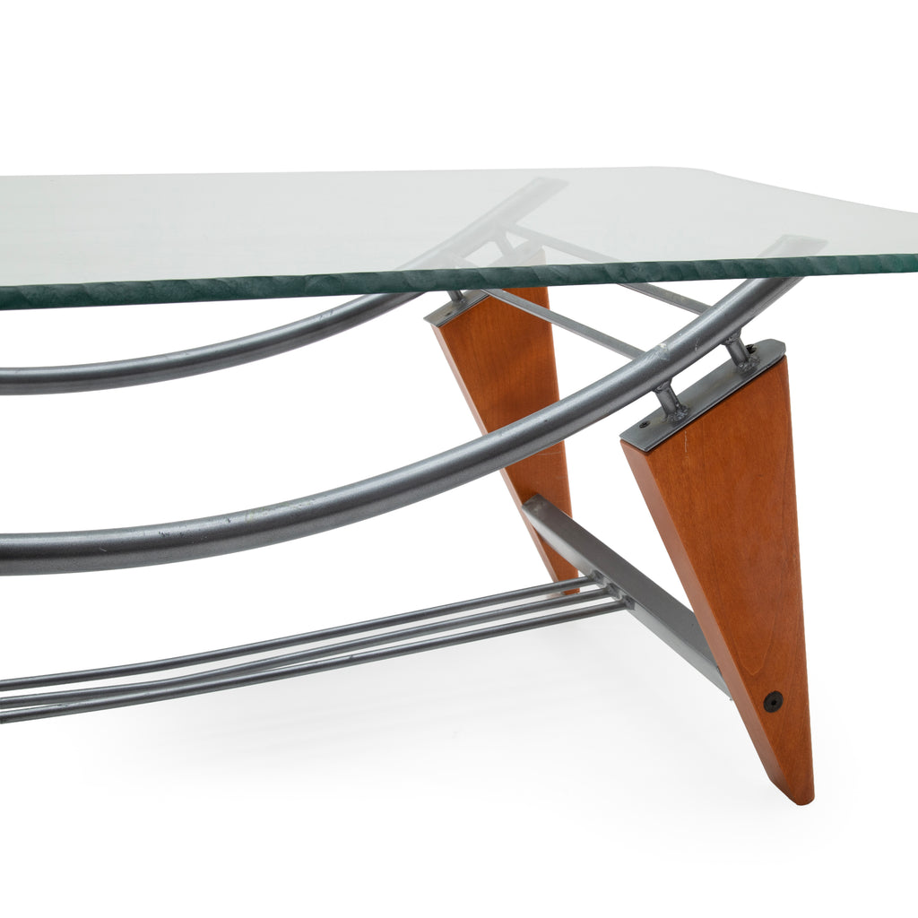 Demi-Lune Clear Glass Console Table with Wood Legs and Metal Accents