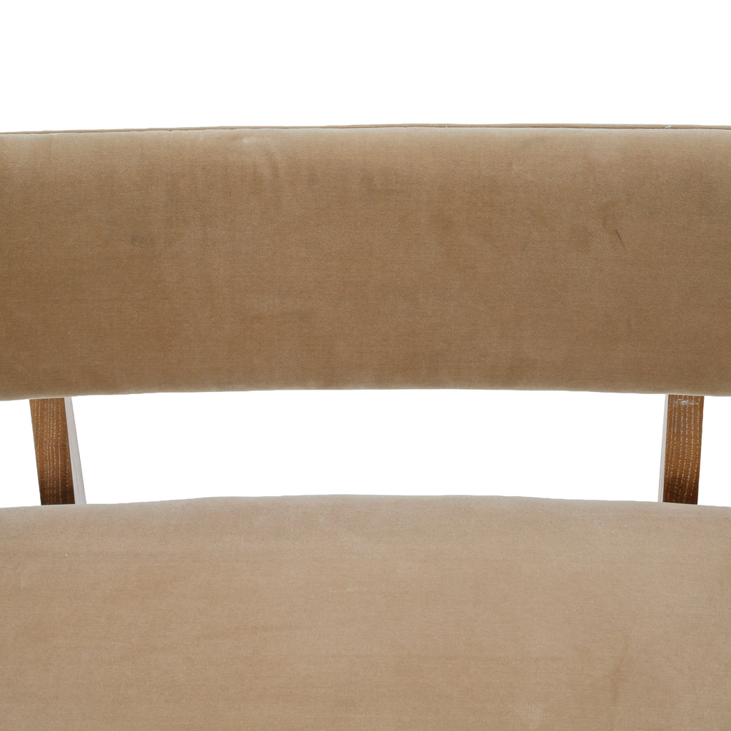 Tan Upholstered Curved Wood Dining Bench