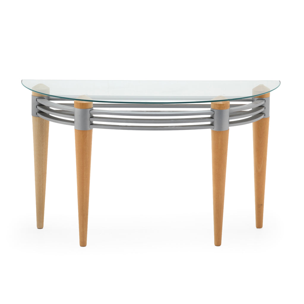 Demi-Lune Clear Glass Console Table with Wood Legs and Metal Accents
