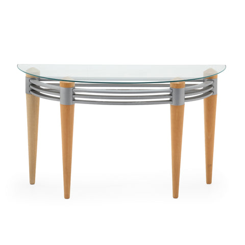 Demi-Lune Clear Glass Console Table with Wood Legs and Metal Accents