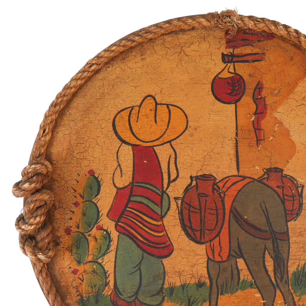 Round Hand-Painted Southwestern Art with Rope Handles