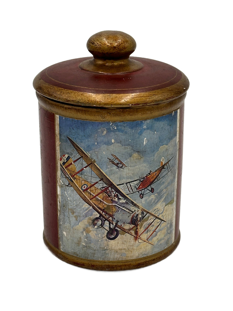 Dark Red and Gold Painted Wood Lidded Jar with Biplane Artwork