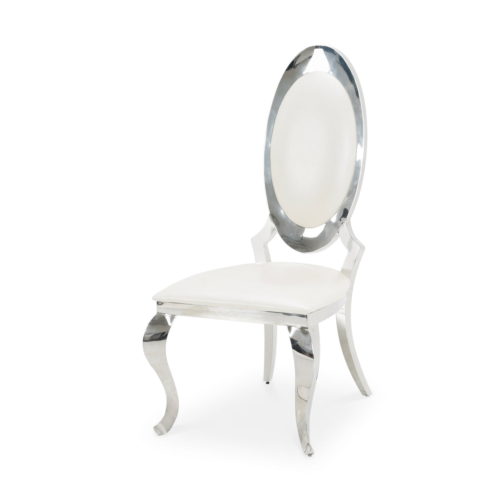White Leather and Chrome Oval Back Ornate Dining Chair