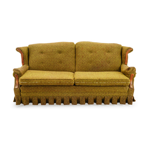 Vintage Olive Green & Brown Tweed Button-Tufted Loveseat Sofa