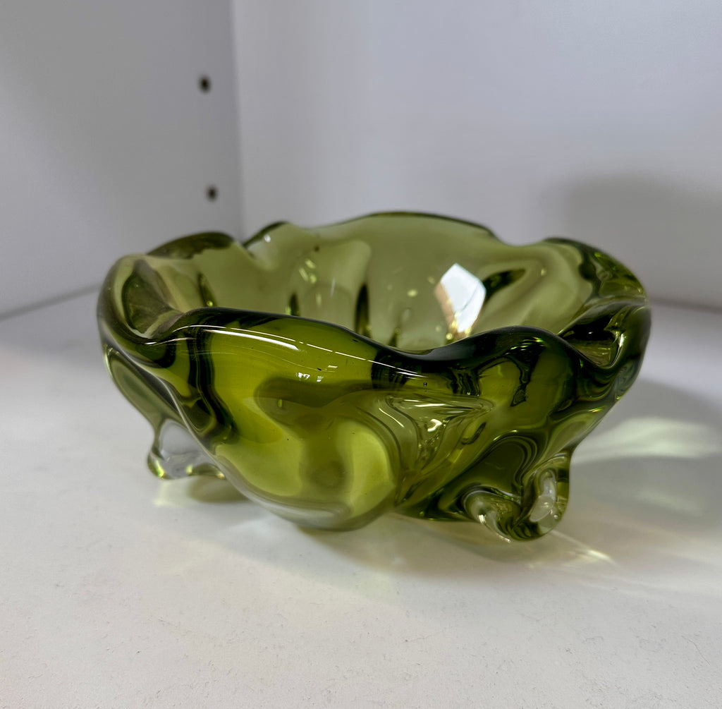 Abstract Green Glass Ashtray Bowl