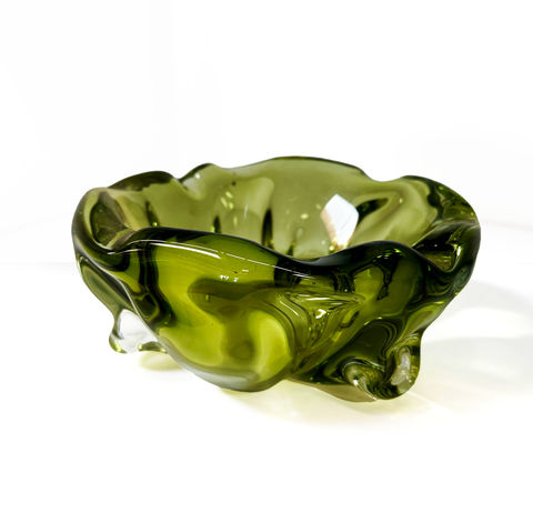 Abstract Green Glass Ashtray Bowl