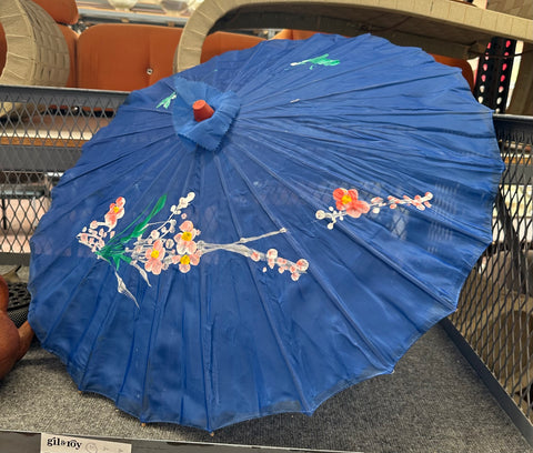 Blue Fabric and Bamboo Asian Parasol with Cherry Blossom Design