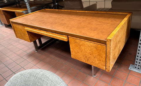 Brown Burlwood Veneer Desk with Leather Top and Chrome Legs