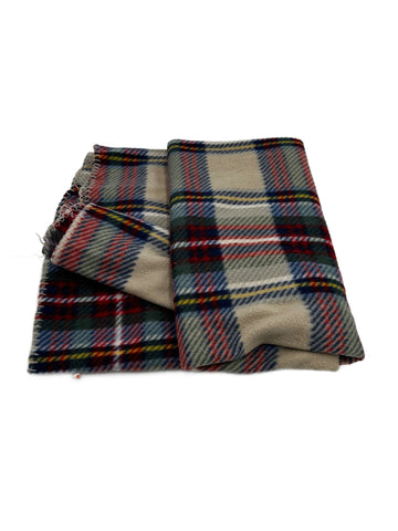 Vintage Beige Plaid Wool Blanket with Blanket Stitch Edge