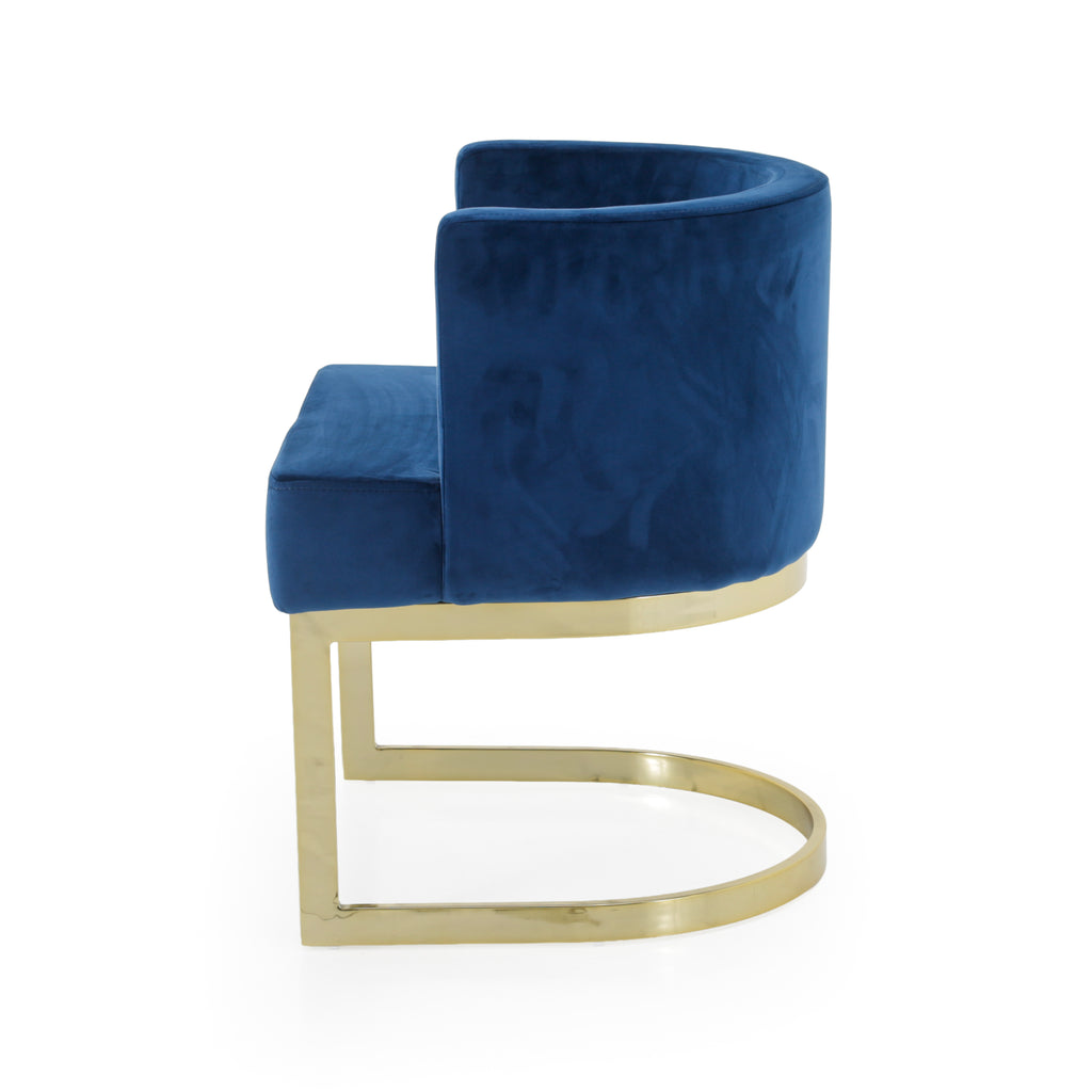 Blue Velvet Accent Chair with Polished Gold Sled Base