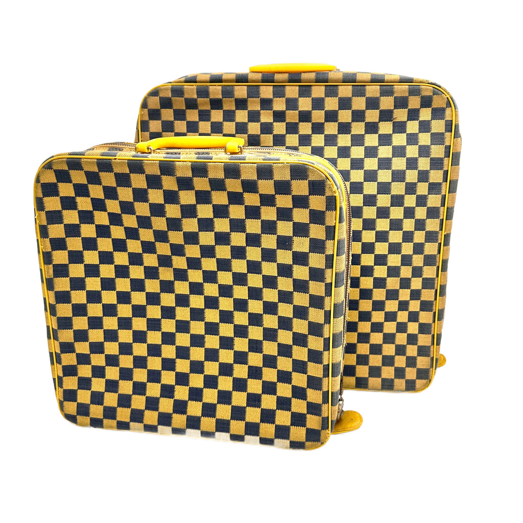 Blue and Yellow Checkerboard Fabric Suitcase Set