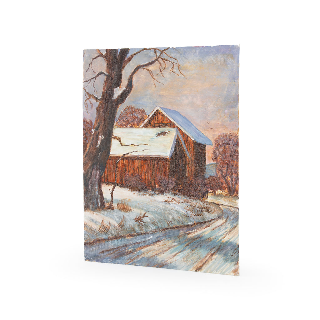 Rustic Winter Barn Landscape Painting